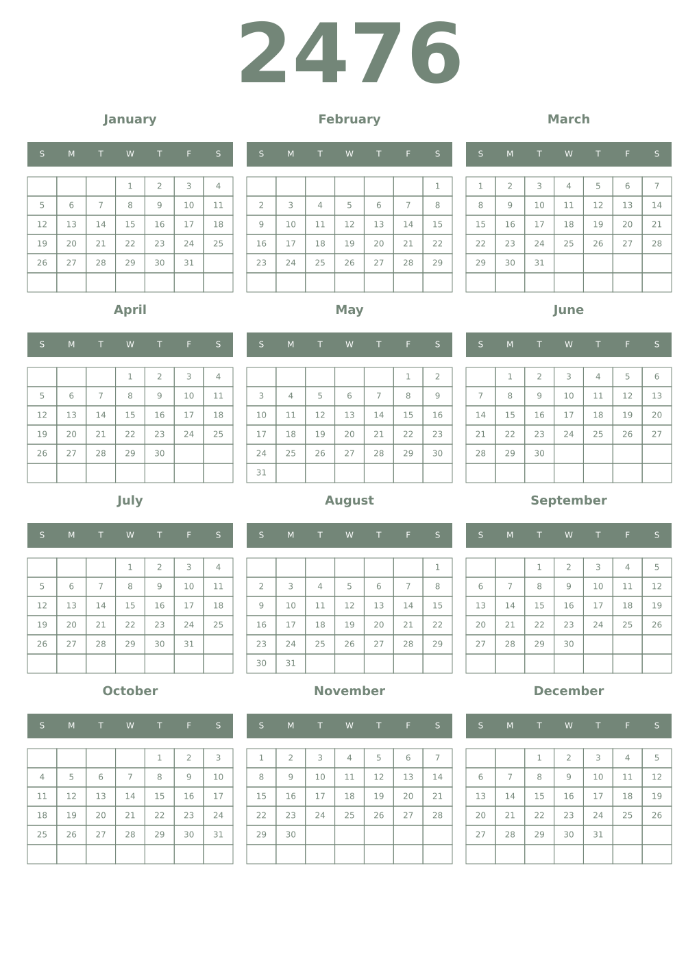 Printable 2476 Year Calendars xanadu