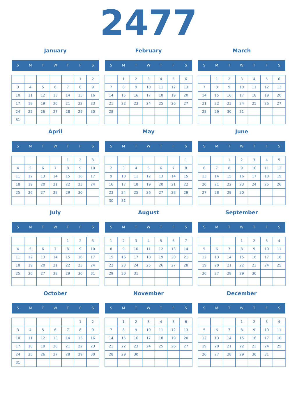 Printable 2477 Year Calendars blue
