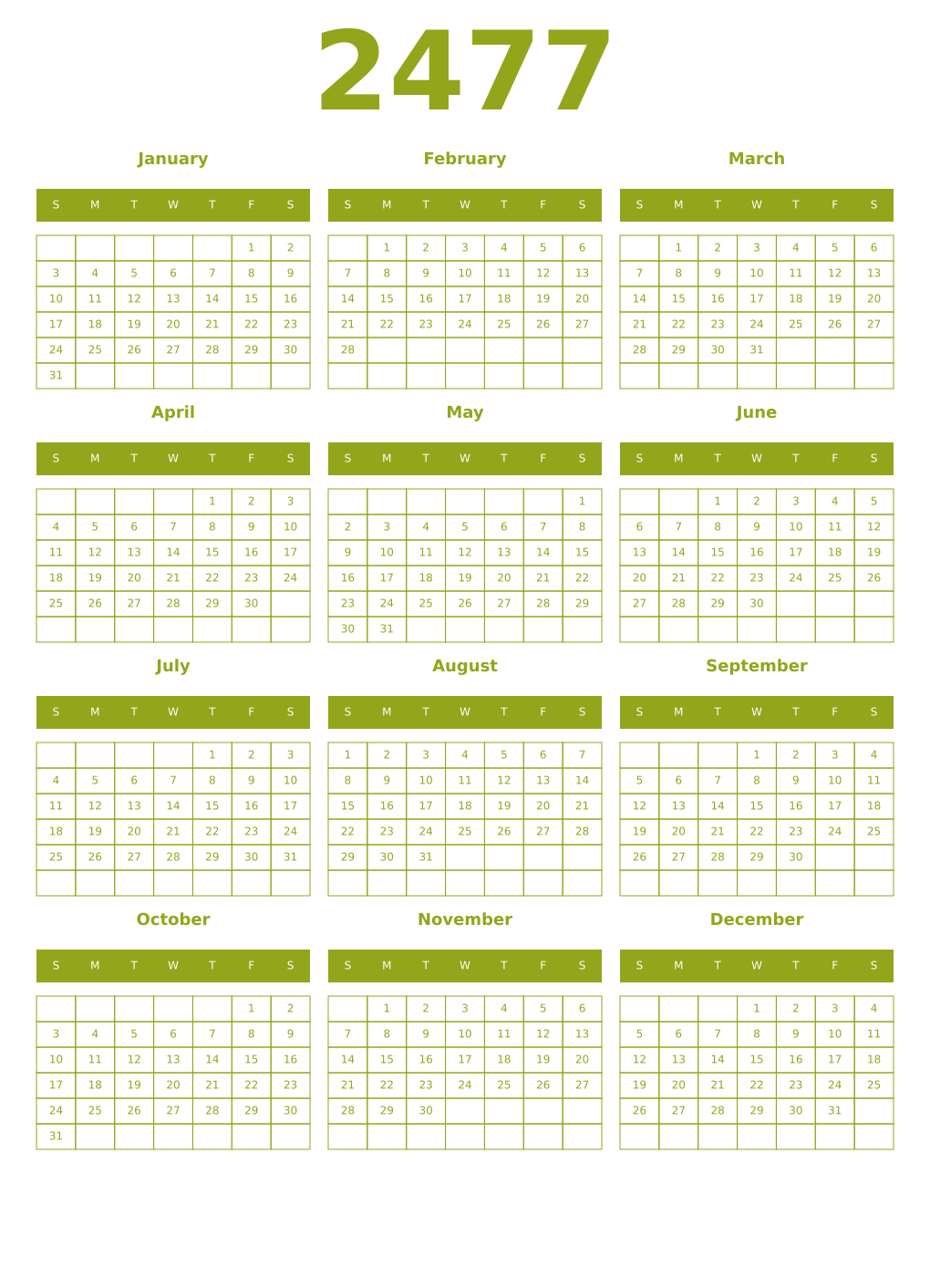 Printable 2477 Year Calendars chartreuse