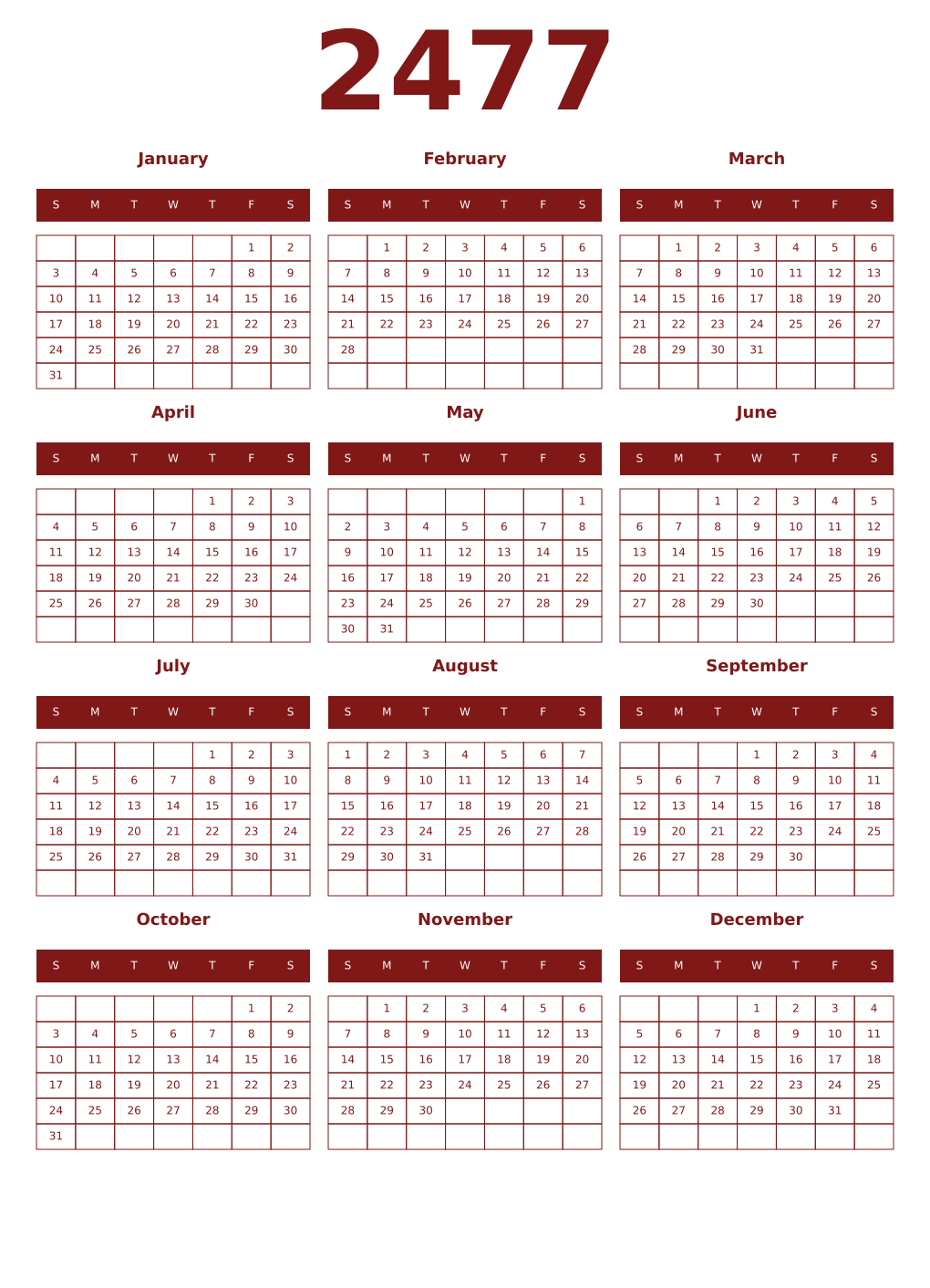 Printable 2477 Year Calendars falu