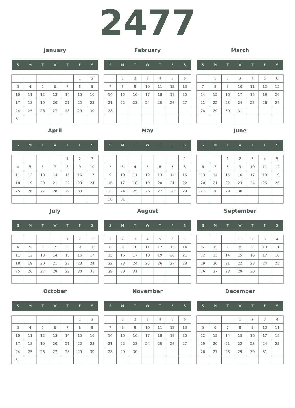 Printable 2477 Year Calendars feldgrau