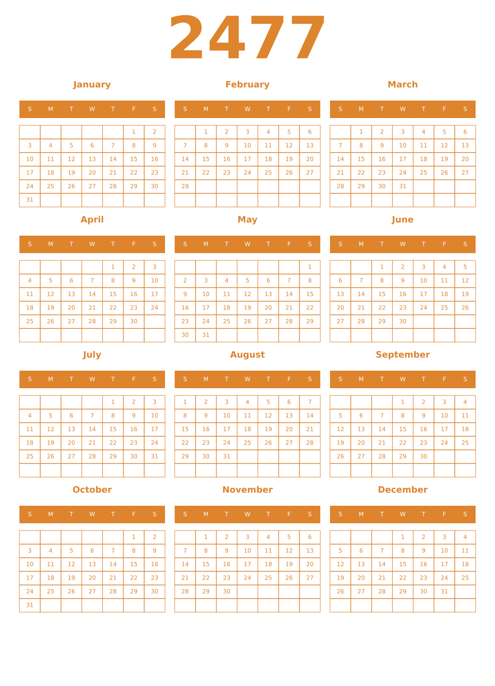 Printable 2477 Year Calendars orange