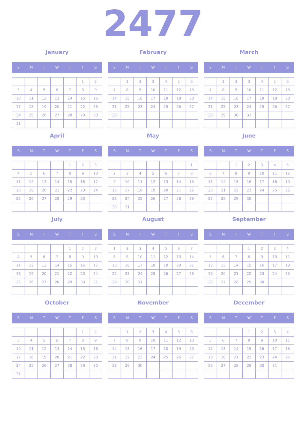 Printable 2477 Year Calendars periwinkle