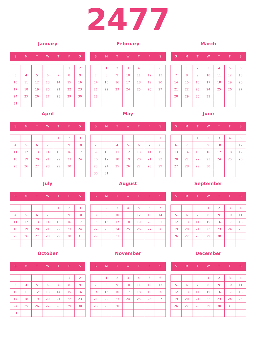 Printable 2477 Year Calendars pink