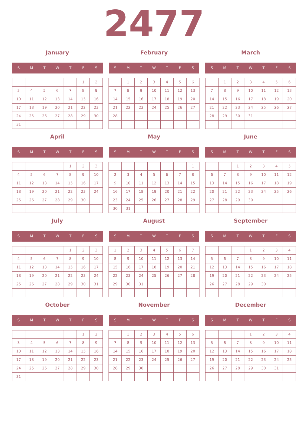 Printable 2477 Year Calendars puce