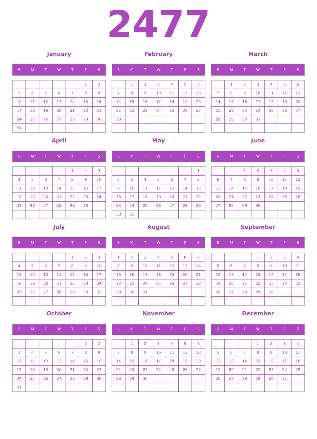 Printable 2477 Year Calendars purple