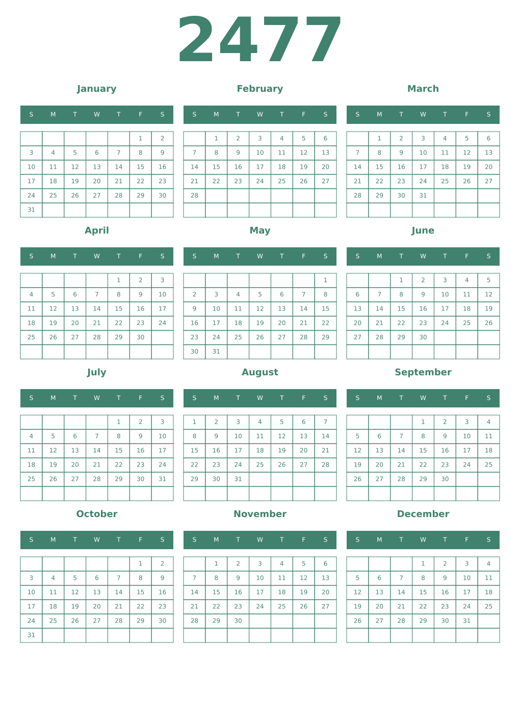 Printable 2477 Year Calendars viridian