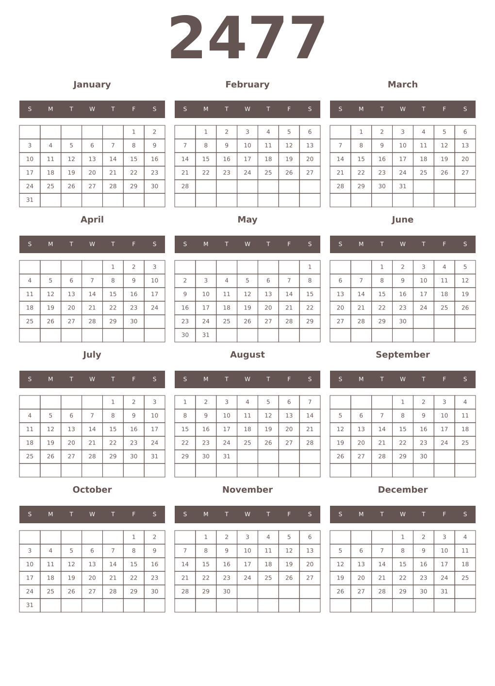 Printable 2477 Year Calendars wenge