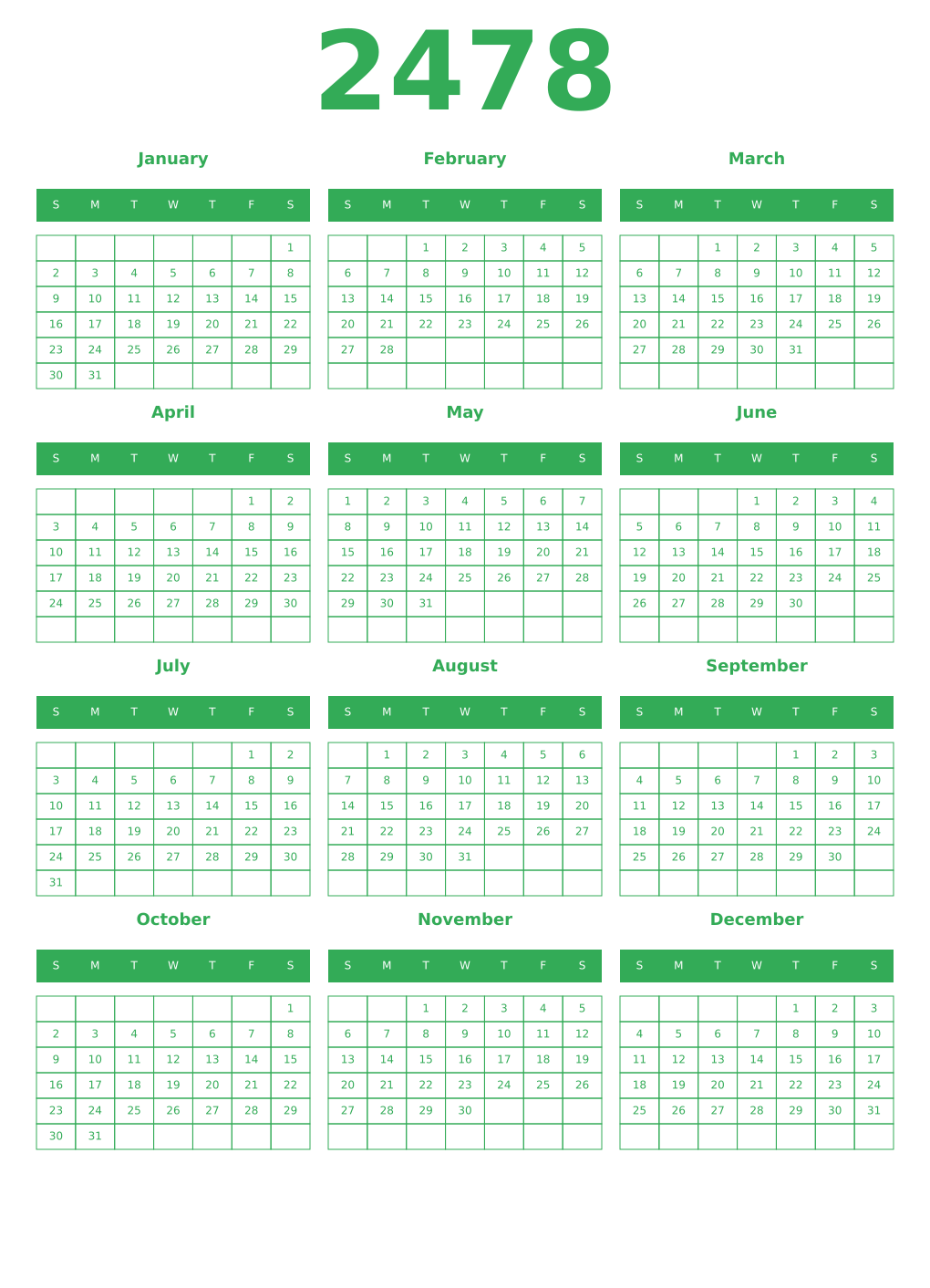 Printable 2478 Year Calendars green