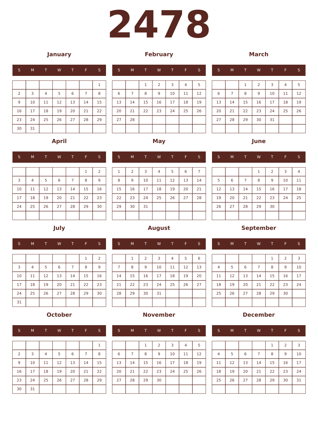 Printable 2478 Year Calendars mortuum