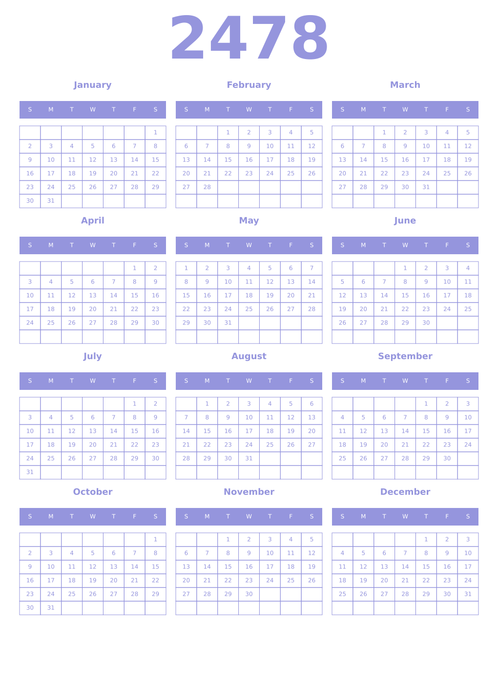 Printable 2478 Year Calendars periwinkle