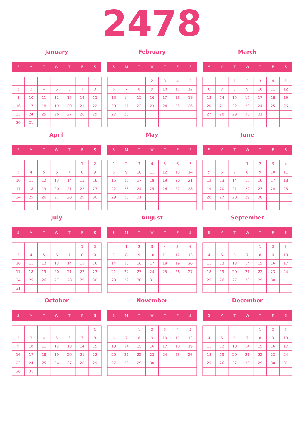 Printable 2478 Year Calendars pink
