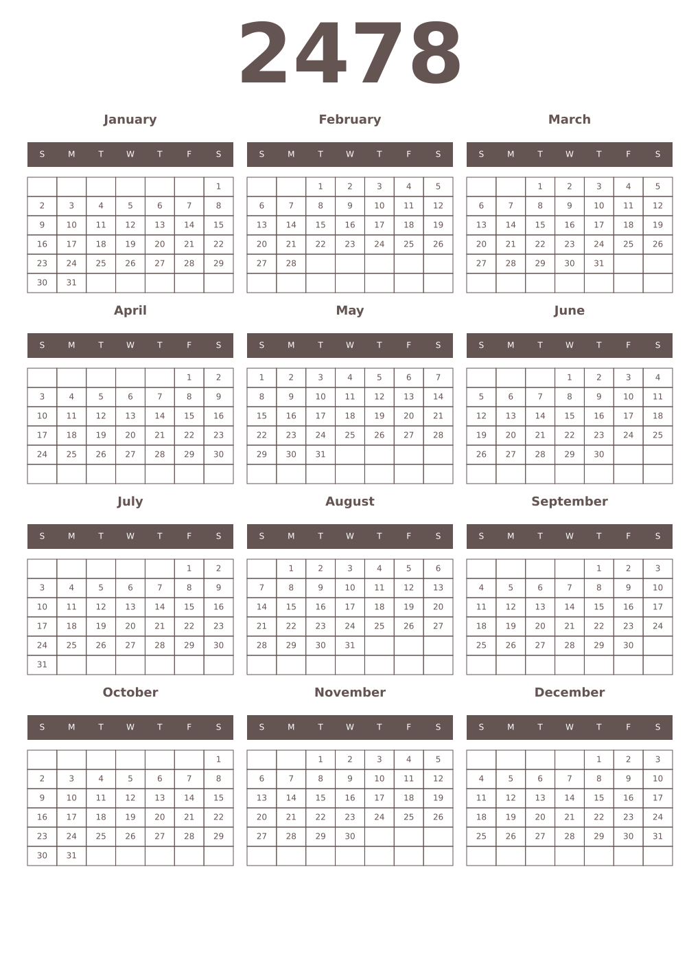 Printable 2478 Year Calendars wenge