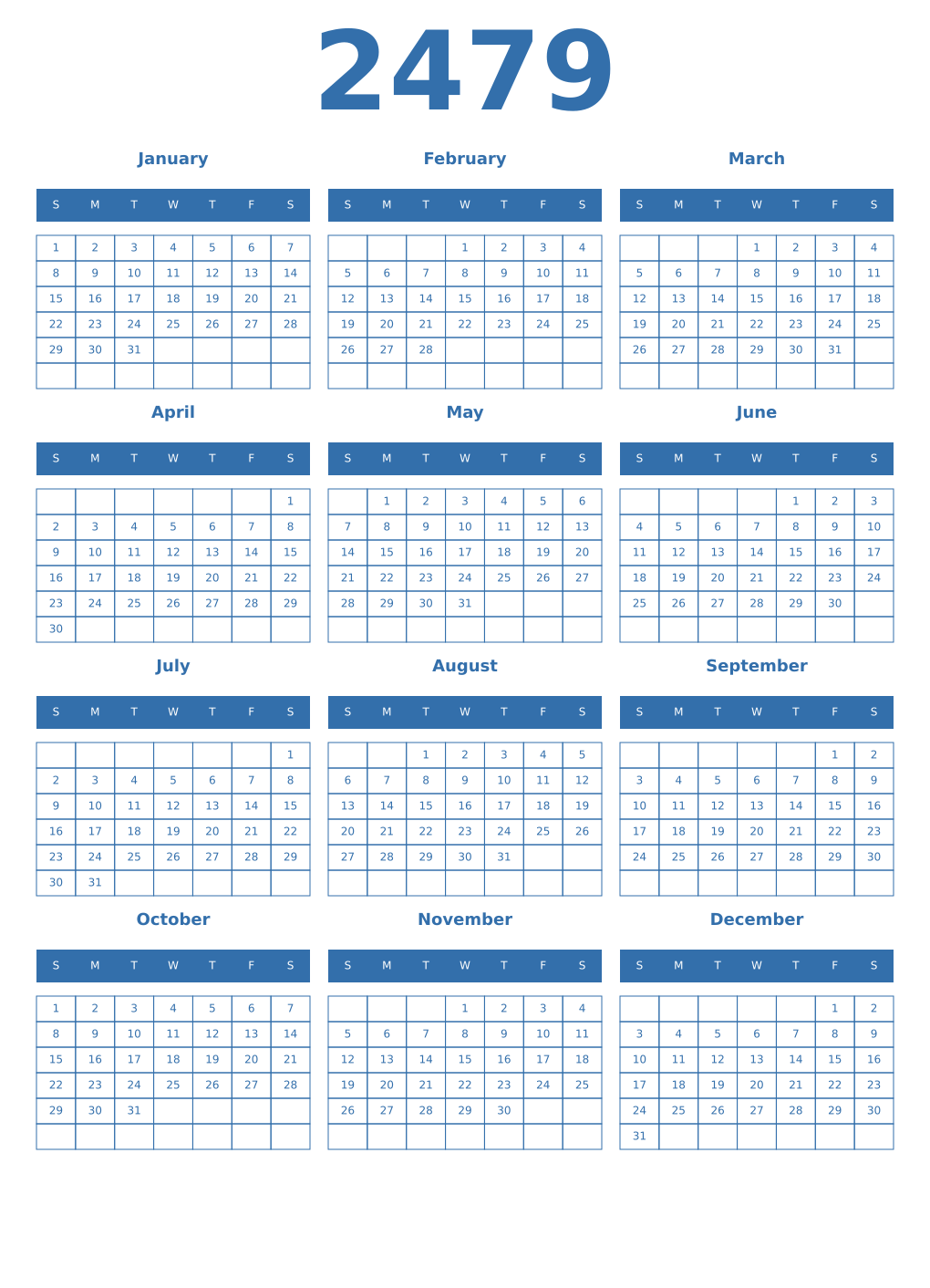 Printable 2479 Year Calendars blue