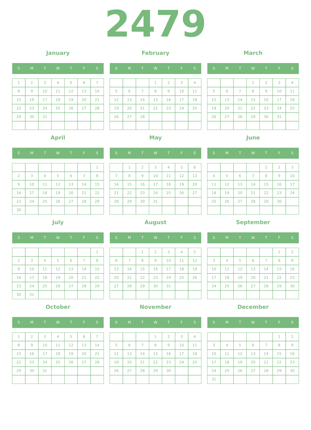 Printable 2479 Year Calendars celadon