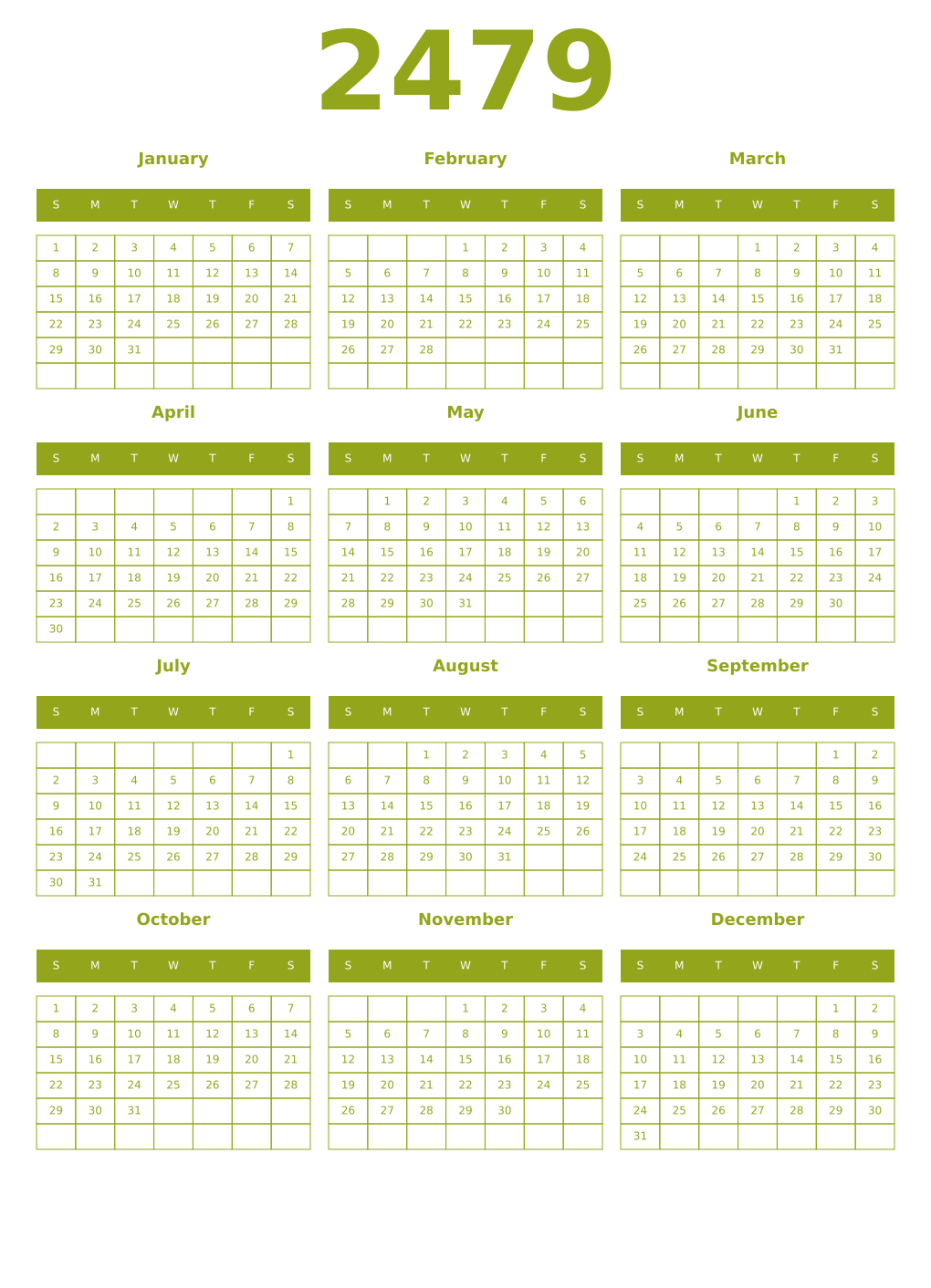 Printable 2479 Year Calendars chartreuse