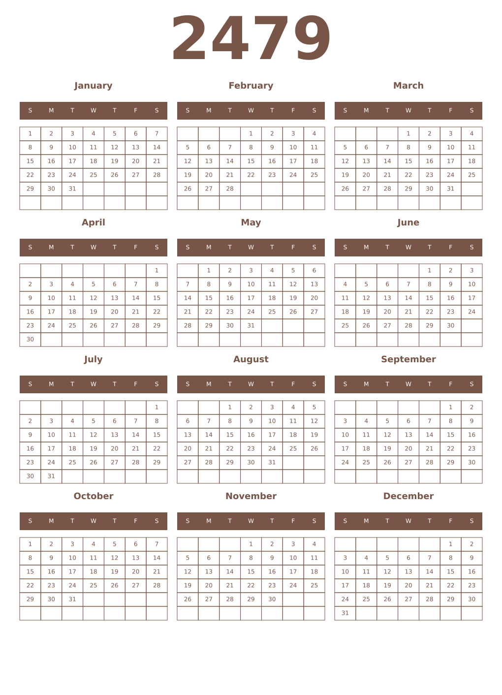 Printable 2479 Year Calendars coffe