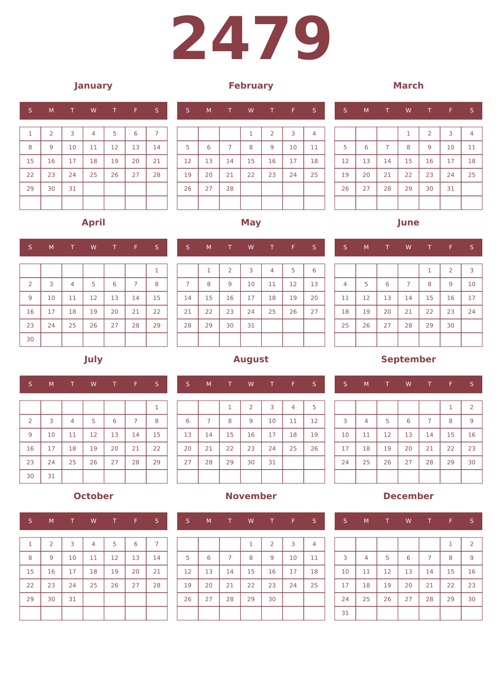 Printable 2479 Year Calendars cordovan
