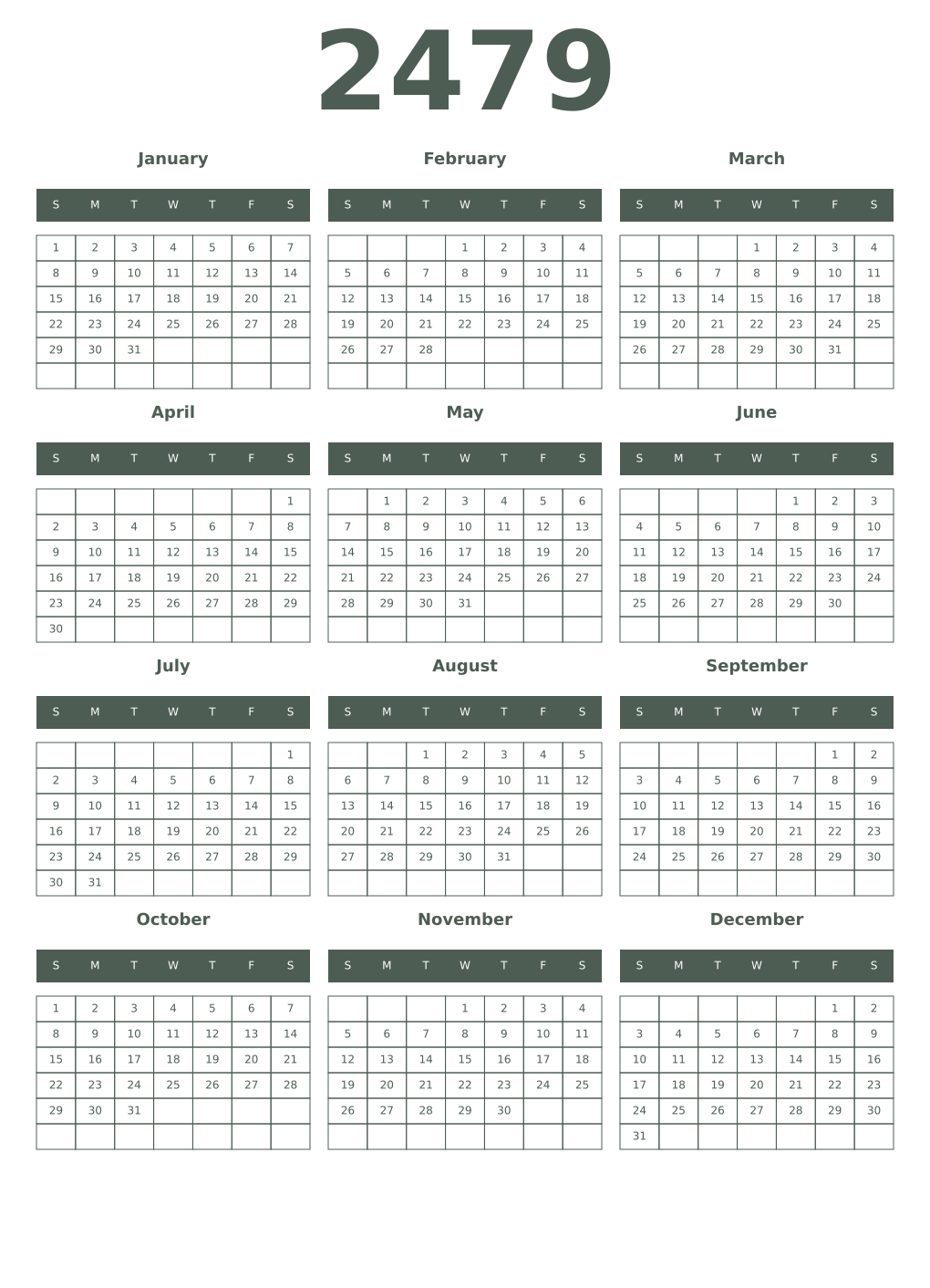 Printable 2479 Year Calendars feldgrau