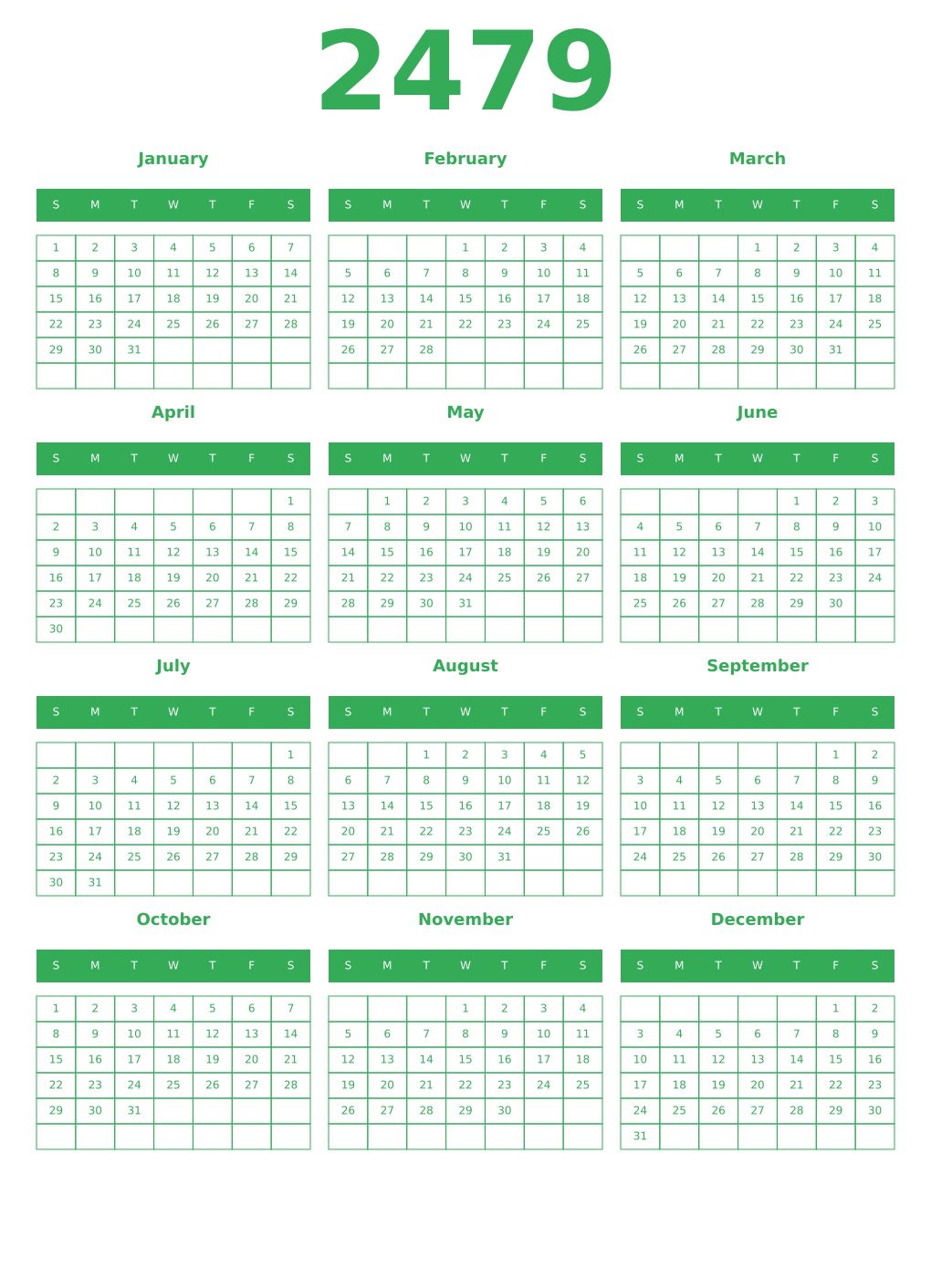 Printable 2479 Year Calendars green