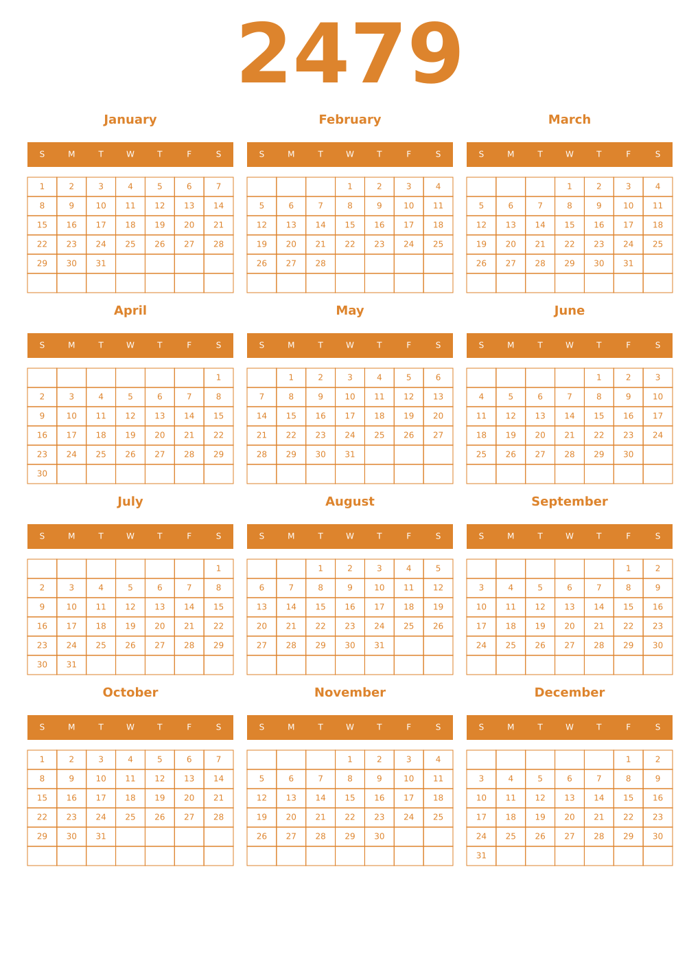 Printable 2479 Year Calendars orange