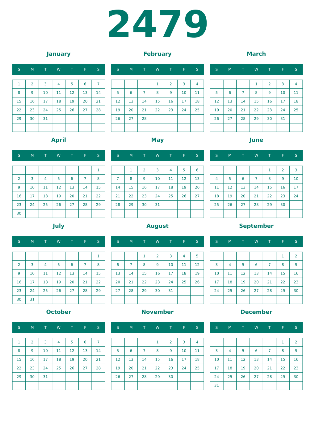 Printable 2479 Year Calendars pastel