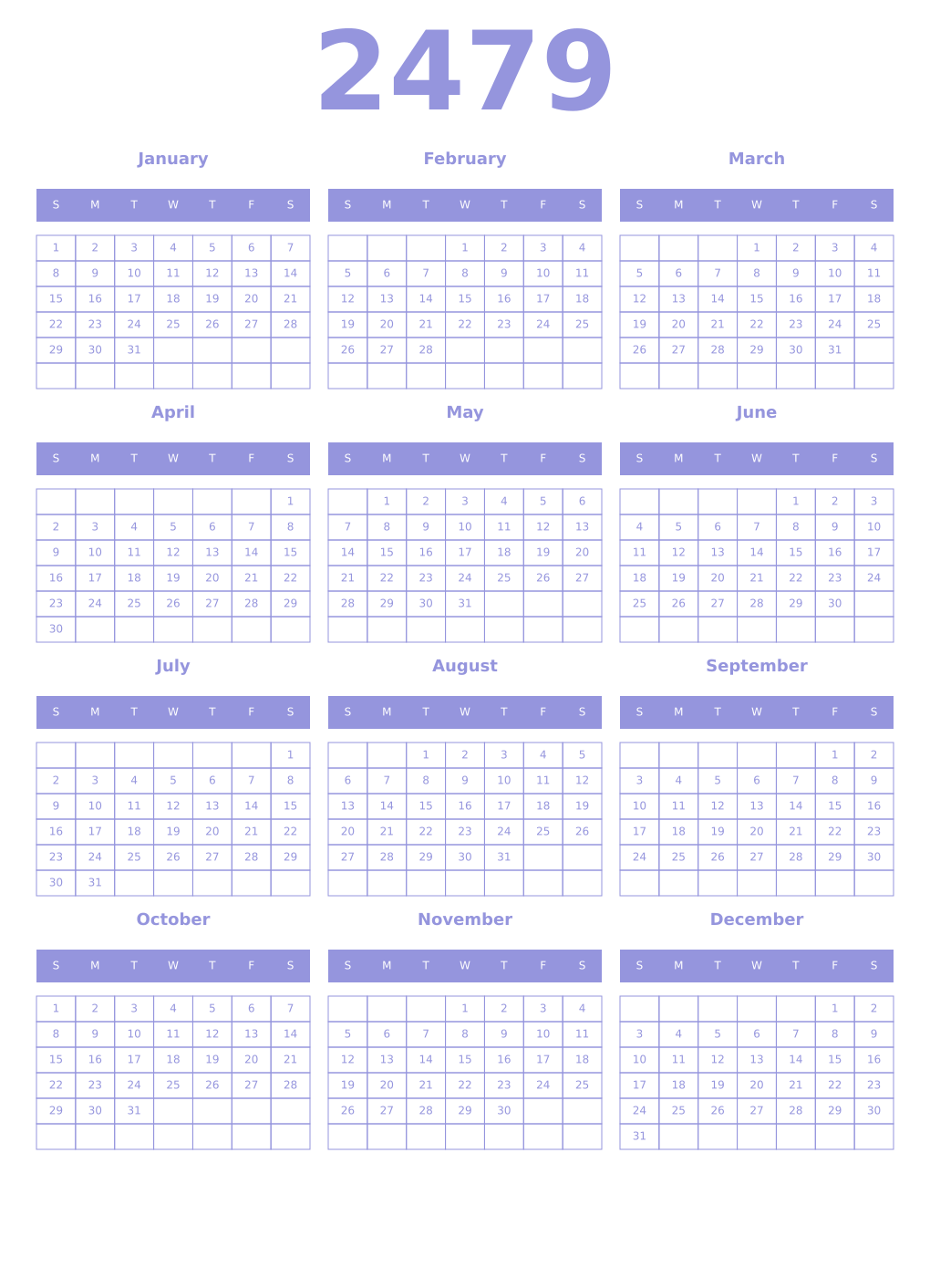 Printable 2479 Year Calendars periwinkle