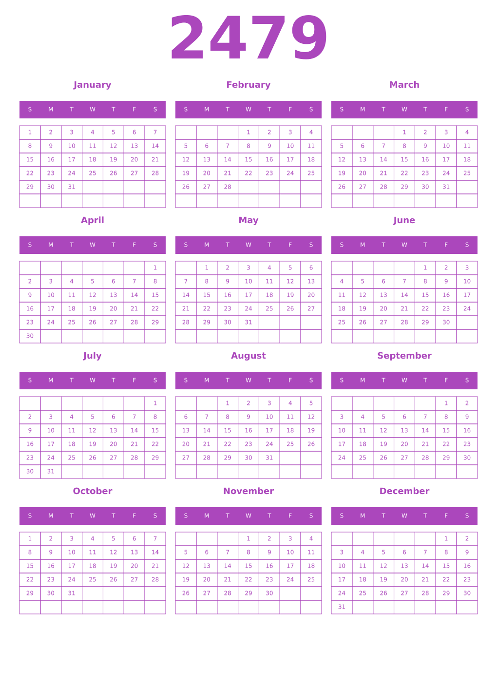 Printable 2479 Year Calendars purple