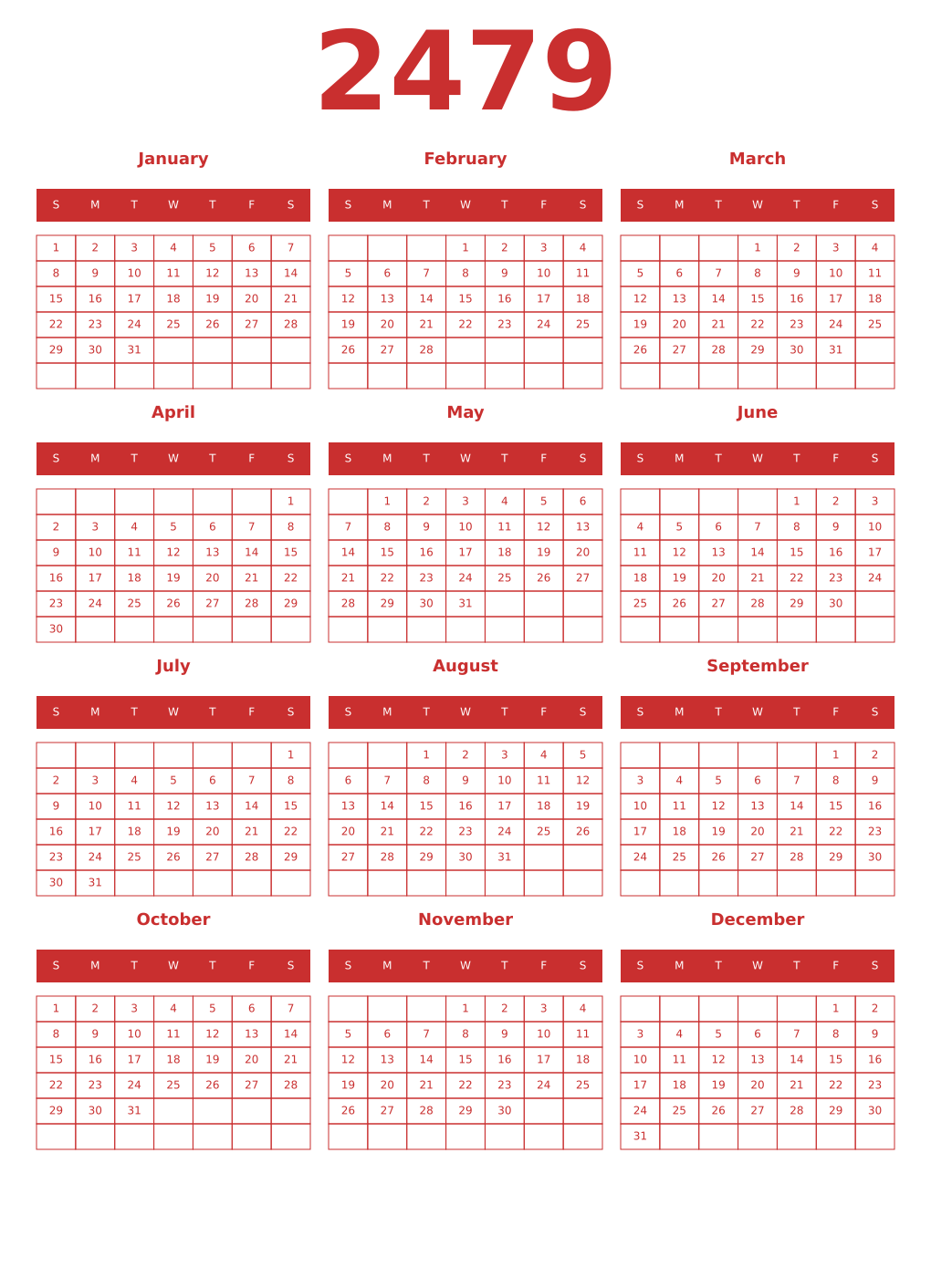 Printable 2479 Year Calendars red