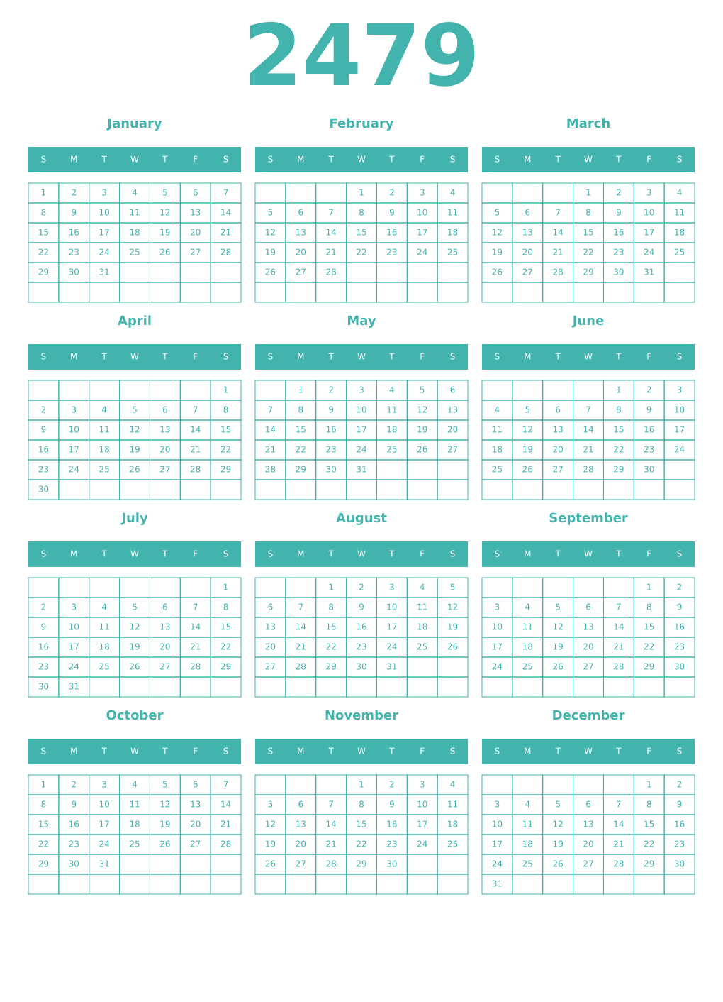 Printable 2479 Year Calendars verdigris