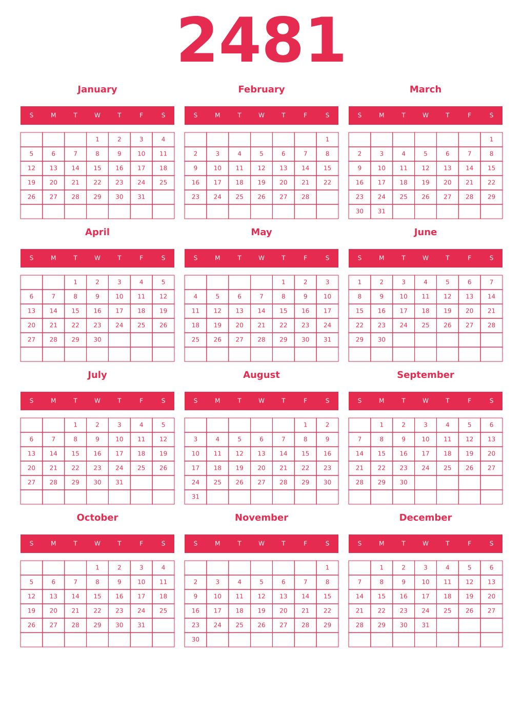 Printable 2481 Year Calendars amaranth