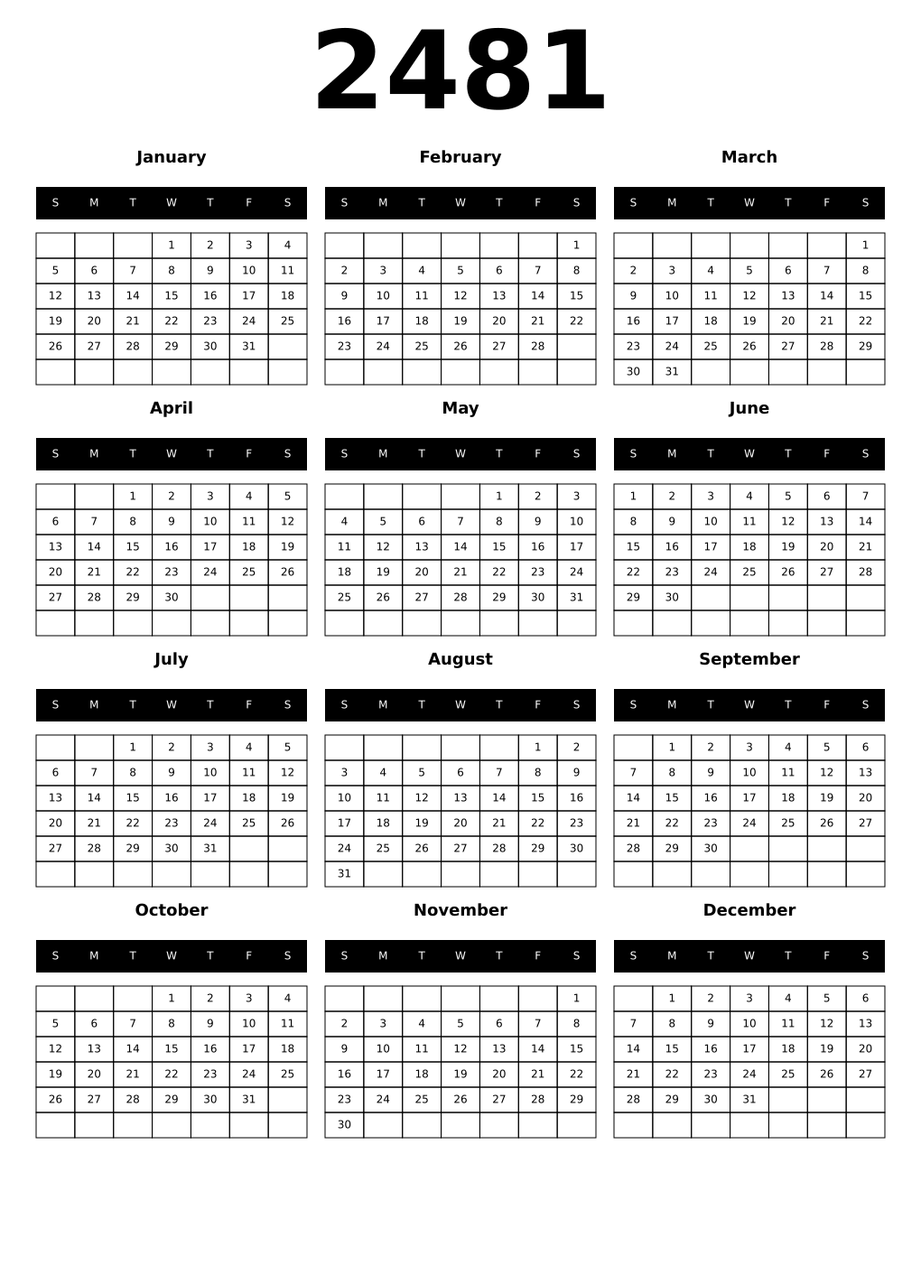 Printable 2481 Year Calendars black