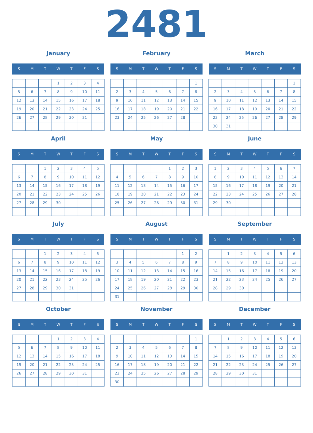 Printable 2481 Year Calendars blue