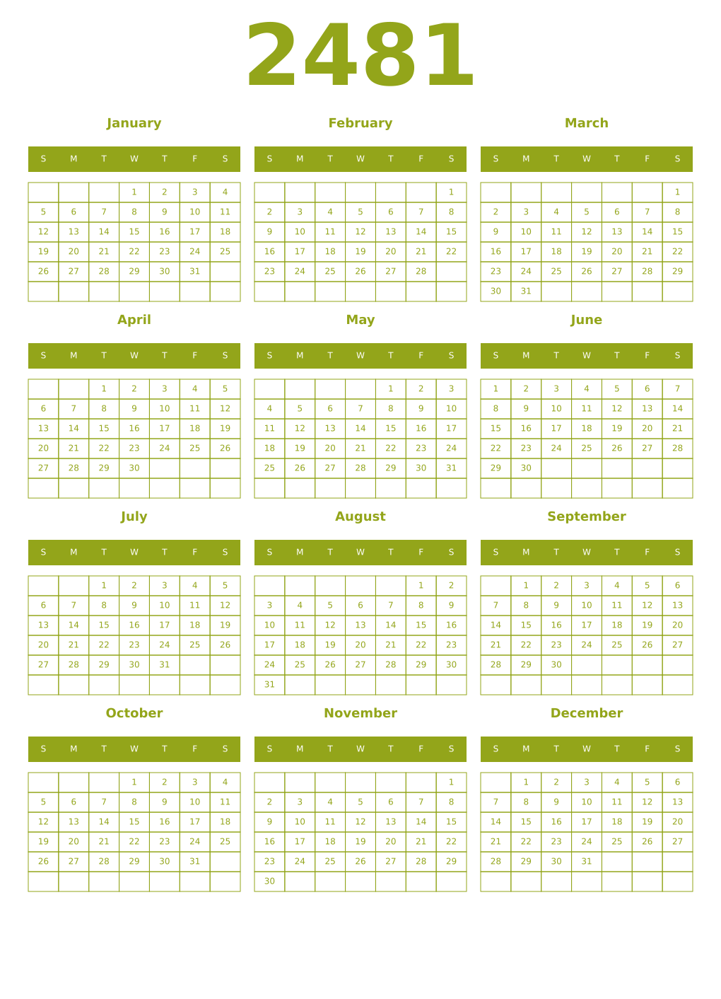Printable 2481 Year Calendars chartreuse
