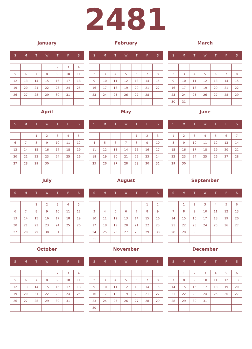 Printable 2481 Year Calendars cordovan