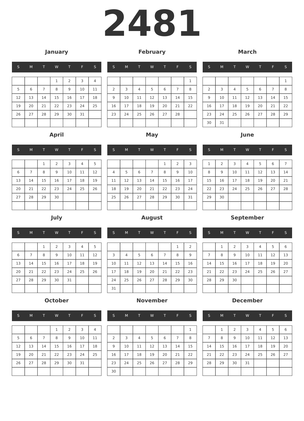 Printable 2481 Year Calendars dark