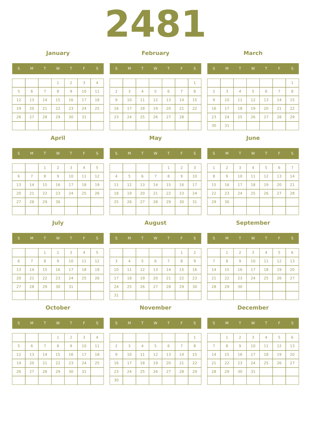Printable 2481 Year Calendars eburnean