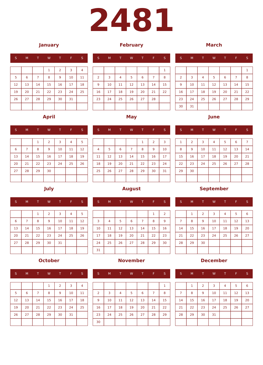 Printable 2481 Year Calendars falu
