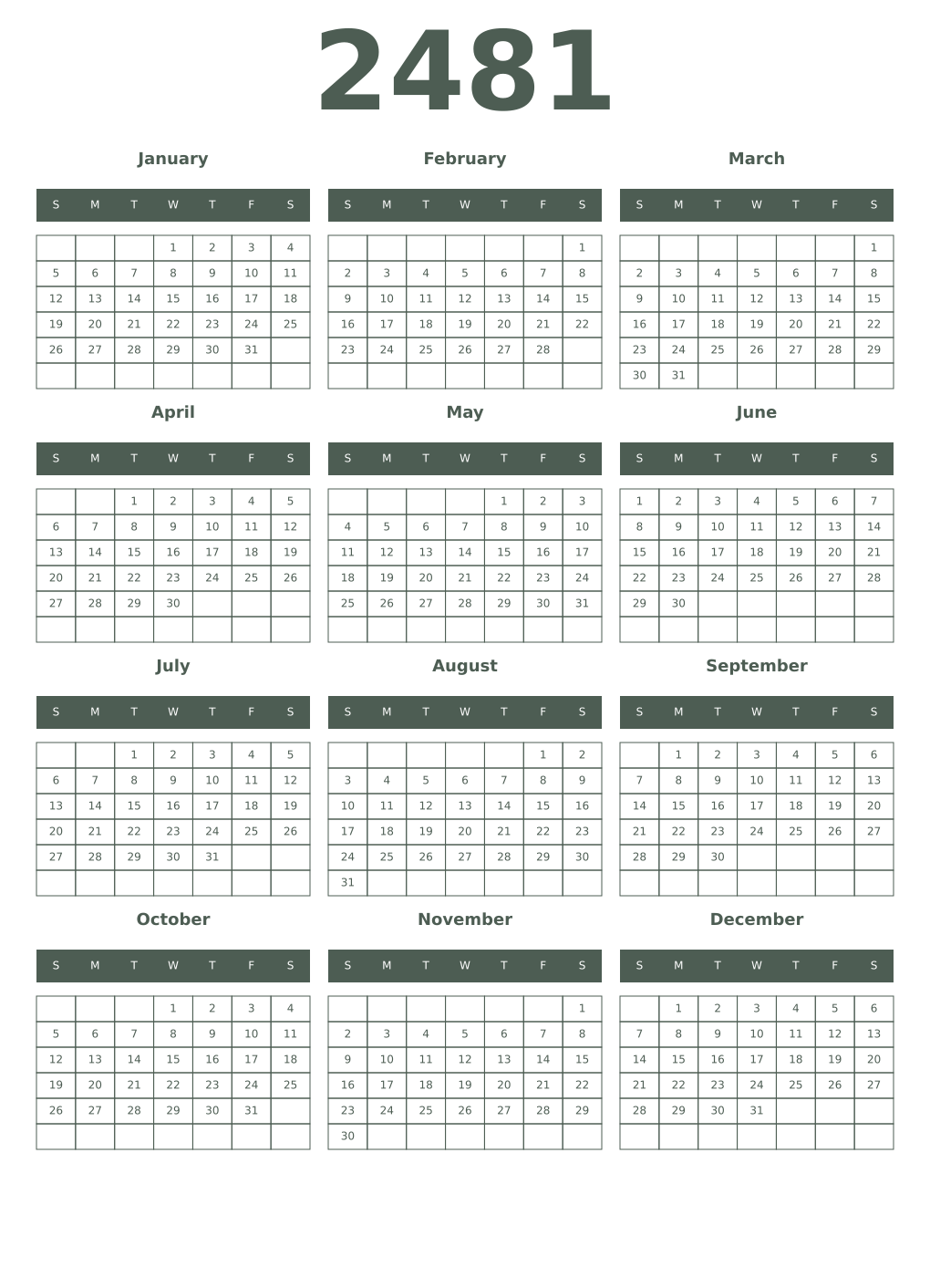 Printable 2481 Year Calendars feldgrau