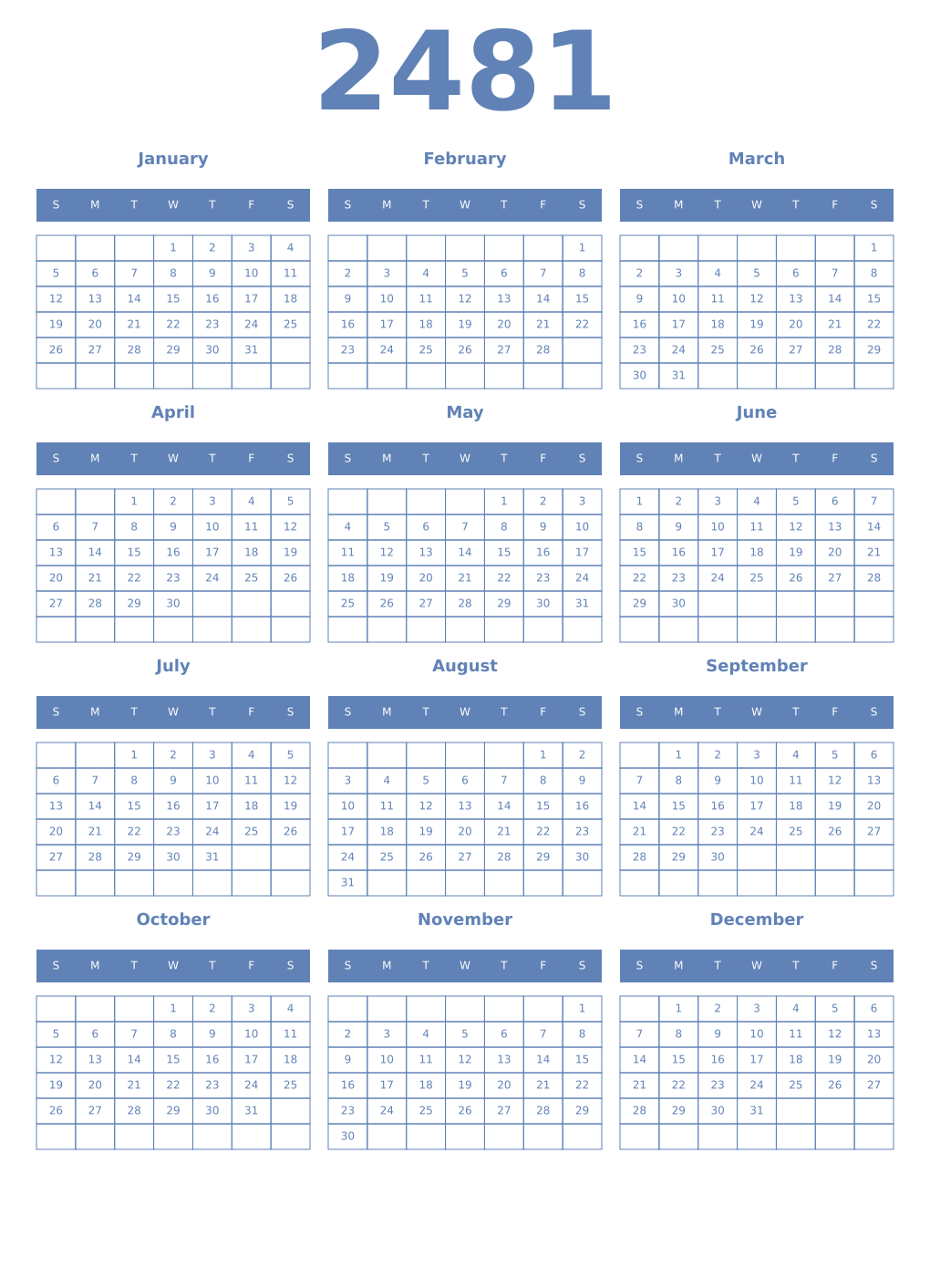 Printable 2481 Year Calendars glaucous