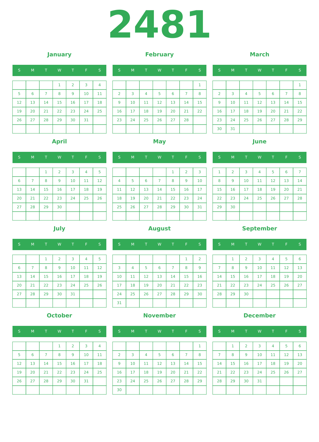 Printable 2481 Year Calendars green