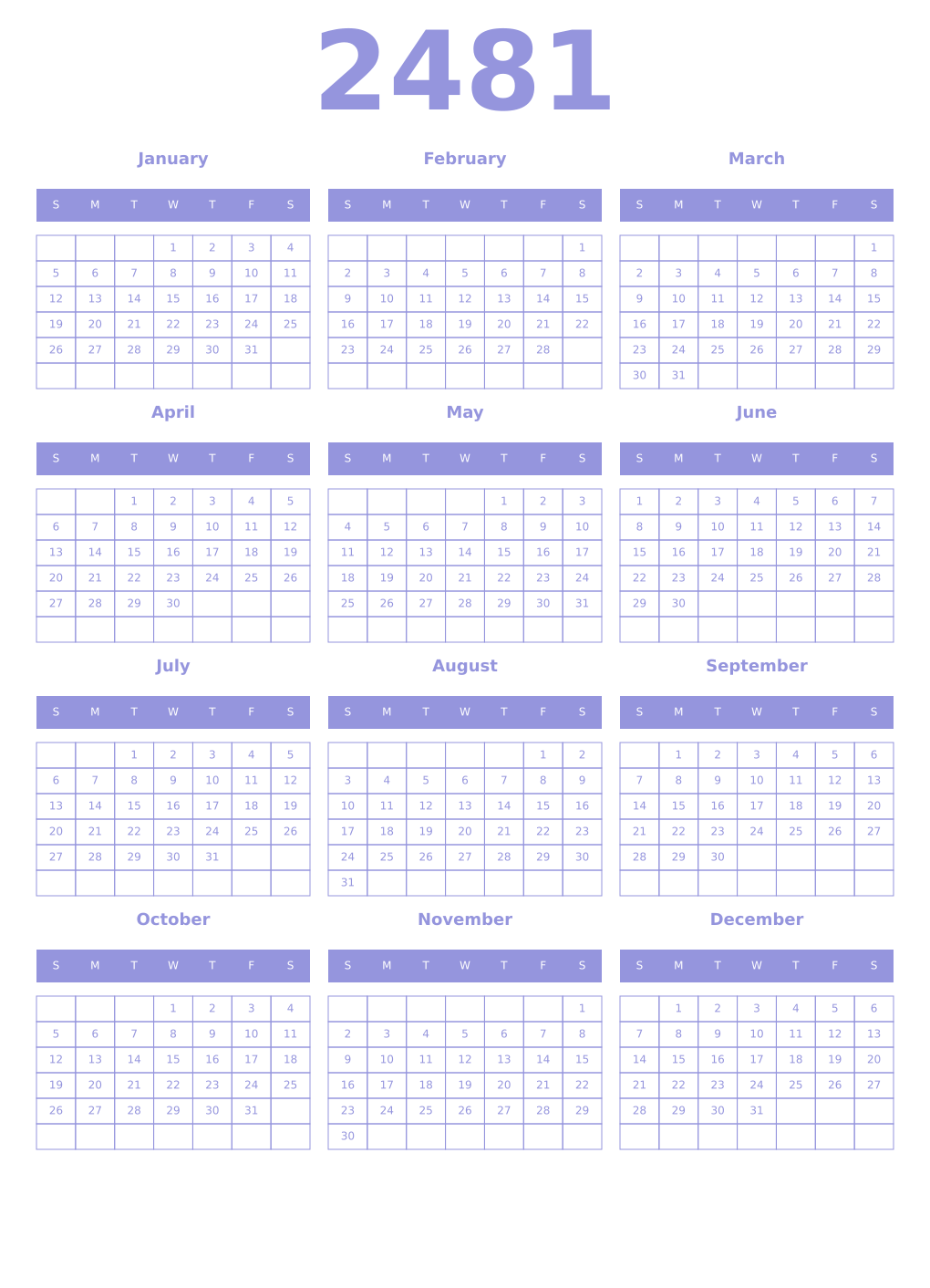 Printable 2481 Year Calendars periwinkle