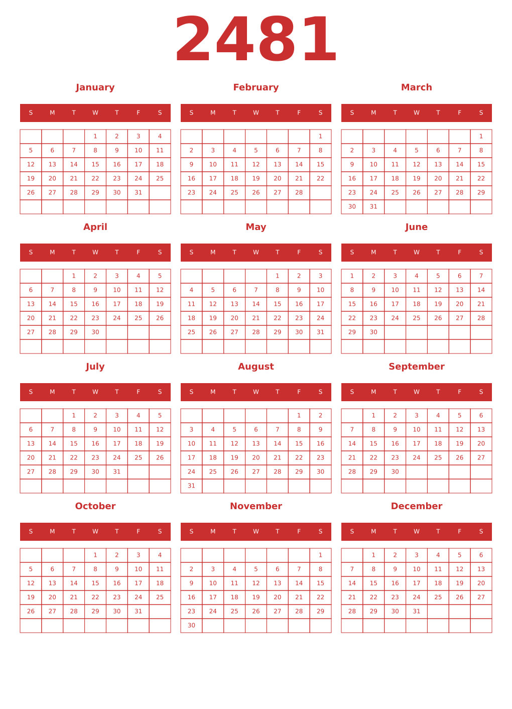Printable 2481 Year Calendars red