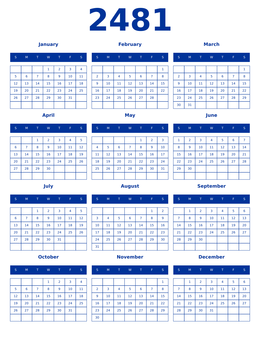 Printable 2481 Year Calendars smalt