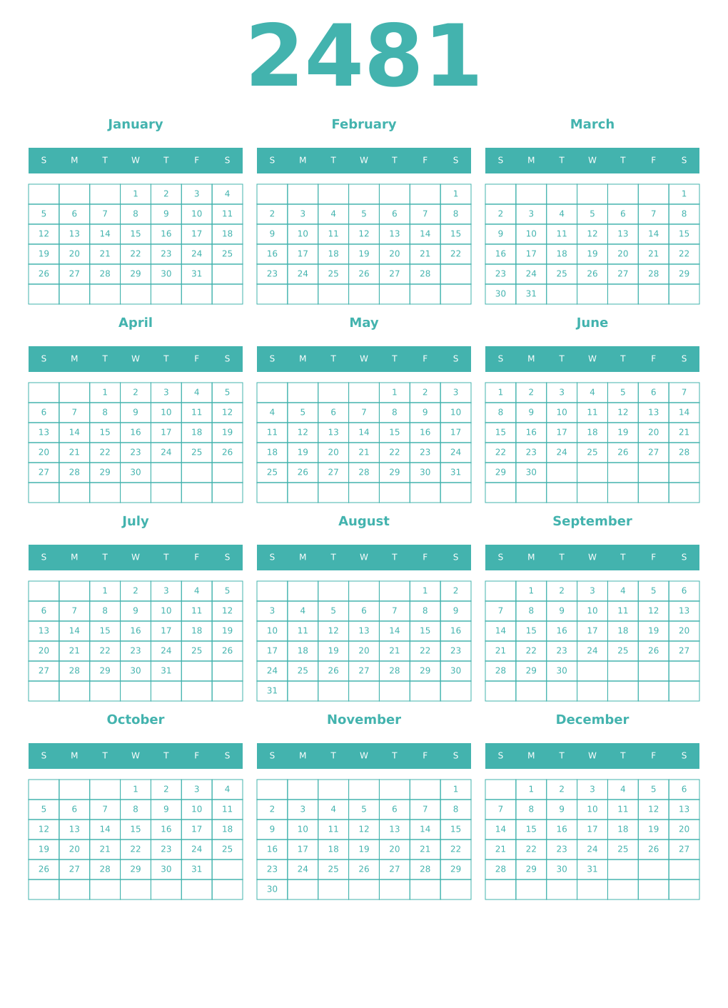 Printable 2481 Year Calendars verdigris