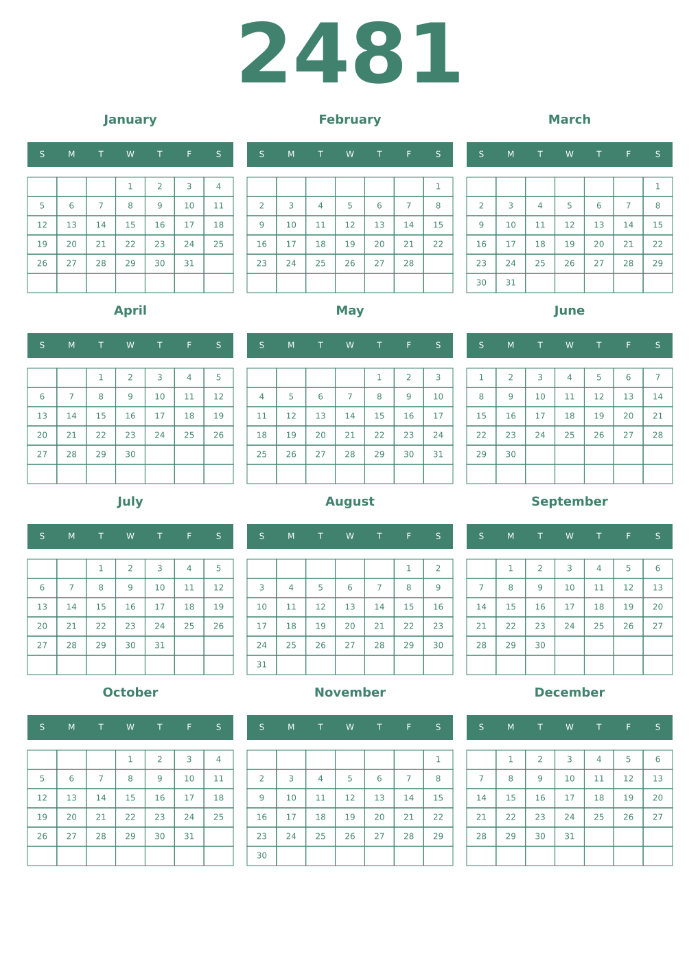 Printable 2481 Year Calendars viridian