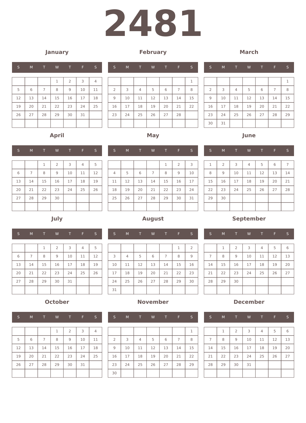 Printable 2481 Year Calendars wenge