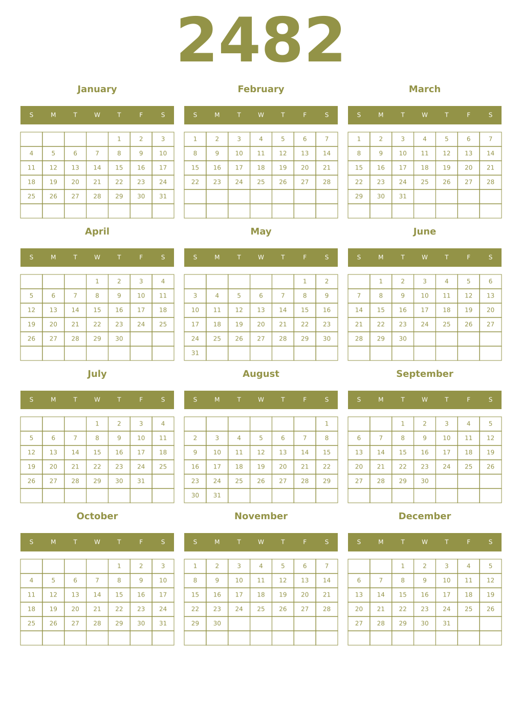 Printable 2482 Year Calendars eburnean