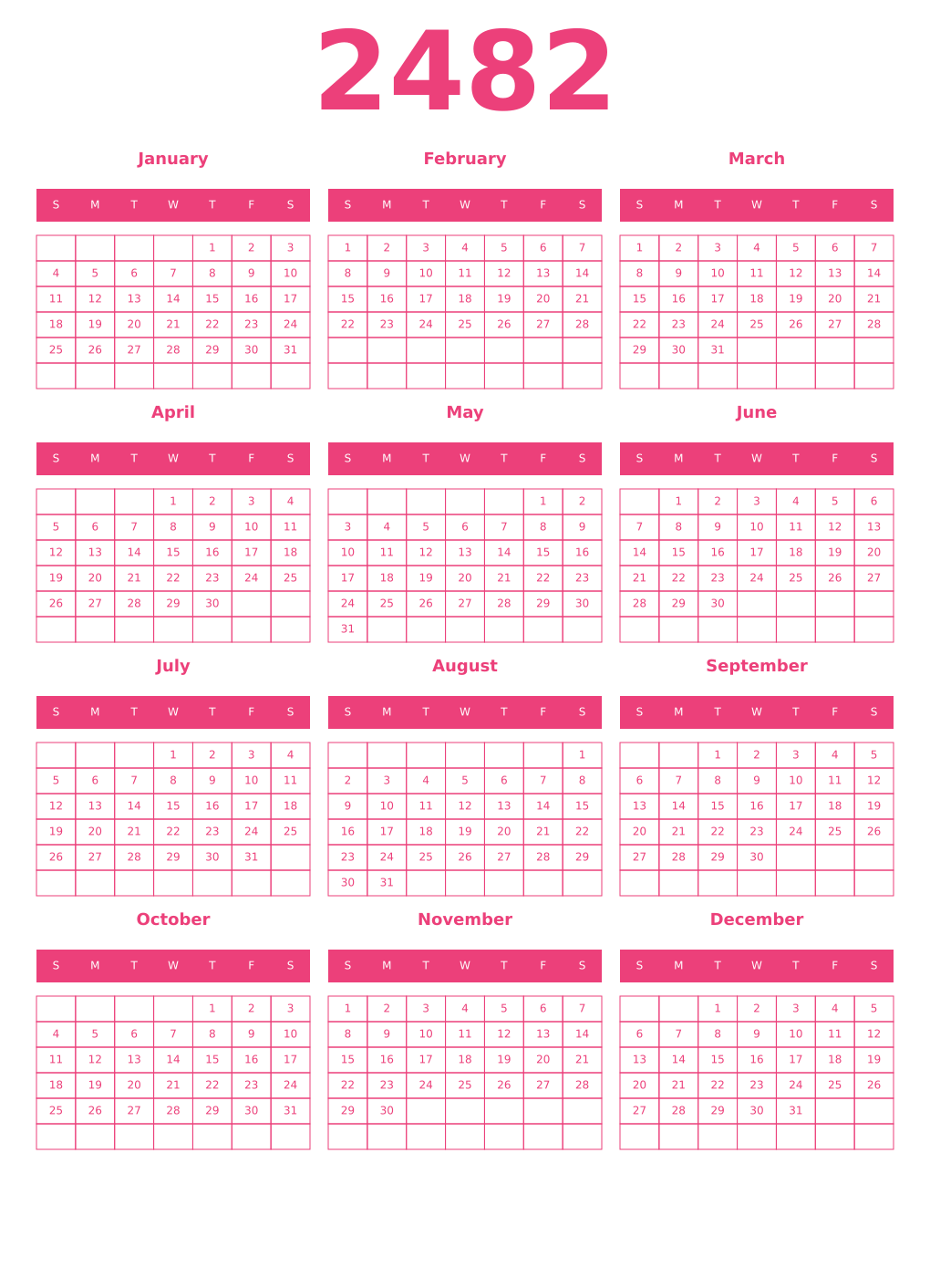 Printable 2482 Year Calendars pink
