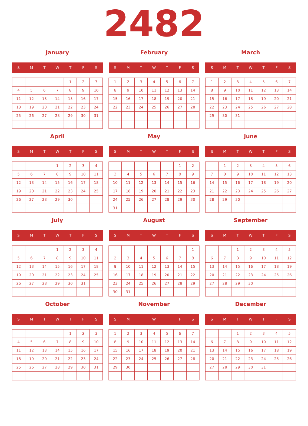 Printable 2482 Year Calendars red
